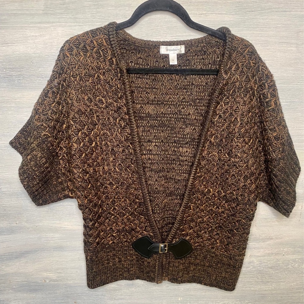 Dress Barn Black‎ Orange Faux Leather Closure Wide Short Sleeve Cardigan Sweater